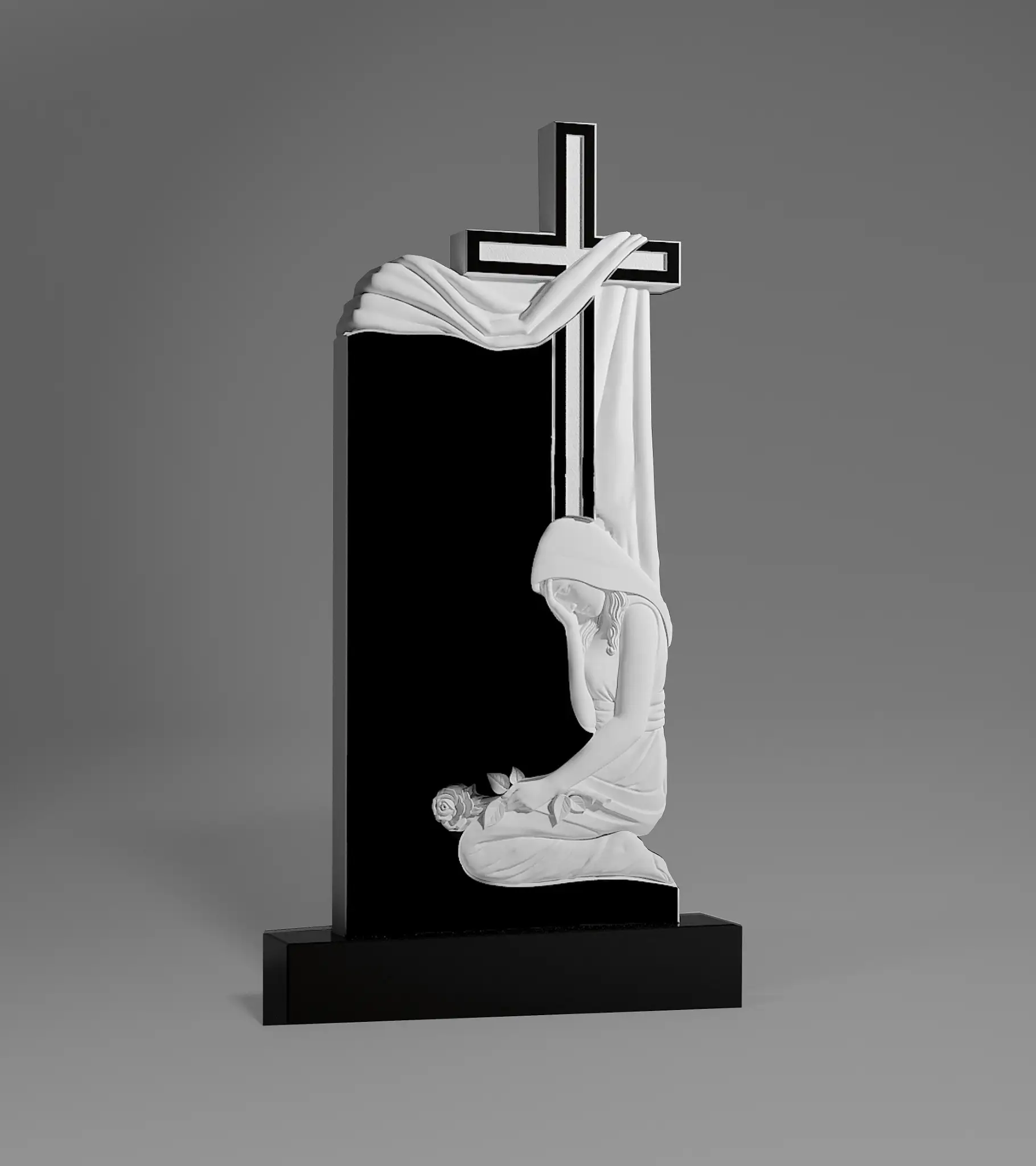 Grabtafel aus Granit mit skulptierter weinender Gestalt neben dem Kreuz A72 Foto 19