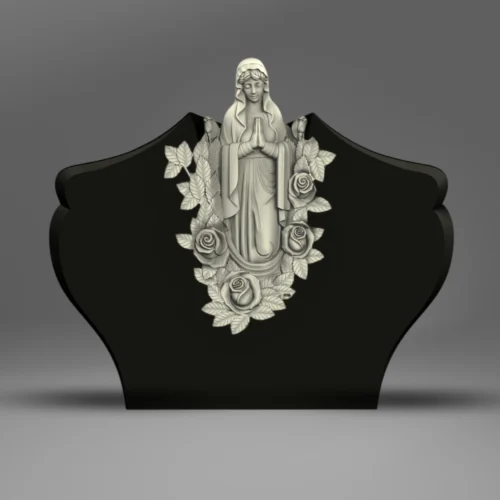 Tablica nagrobkowa z płaskorzeźbą Matki Bożej i różami, wykonana z czarnego granitu. Symbol wiary i duchowej opieki.