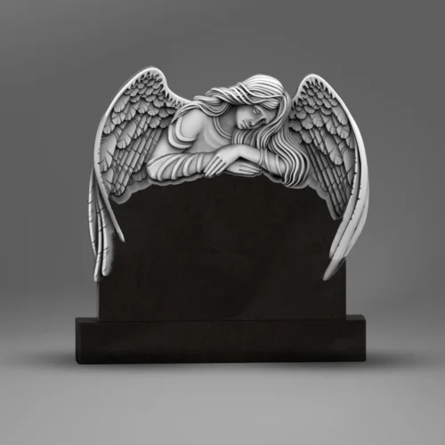 Tablica nagrobkowa z granitu, zdobiona płaskorzeźbą anioła w spoczynku. Wyjątkowy design i symbol duchowej opieki.