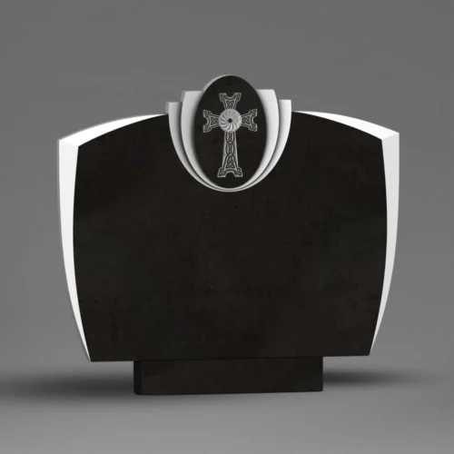Tablica nagrobkowa z krzyżem w stylu artystycznym, symbol pamięci i spokoju.