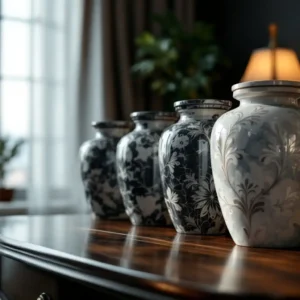 Urna na prochy – stylowe urny ceramiczne w jasnych i ciemnych odcieniach, ozdobione subtelnym wzorem