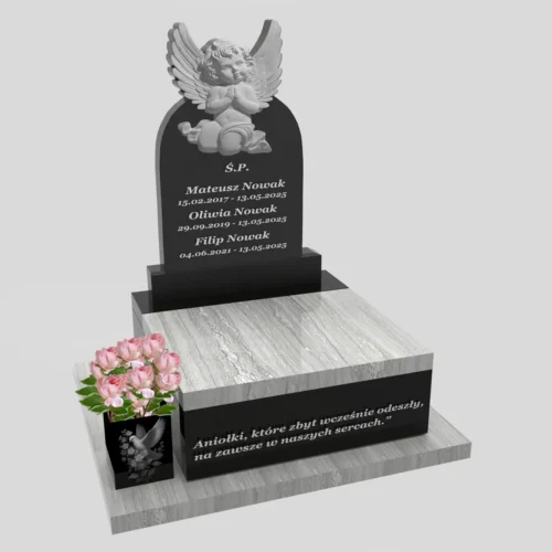 Nagrobek dla dziecka z rzeźbą anioła, jasny granit i czarna stela