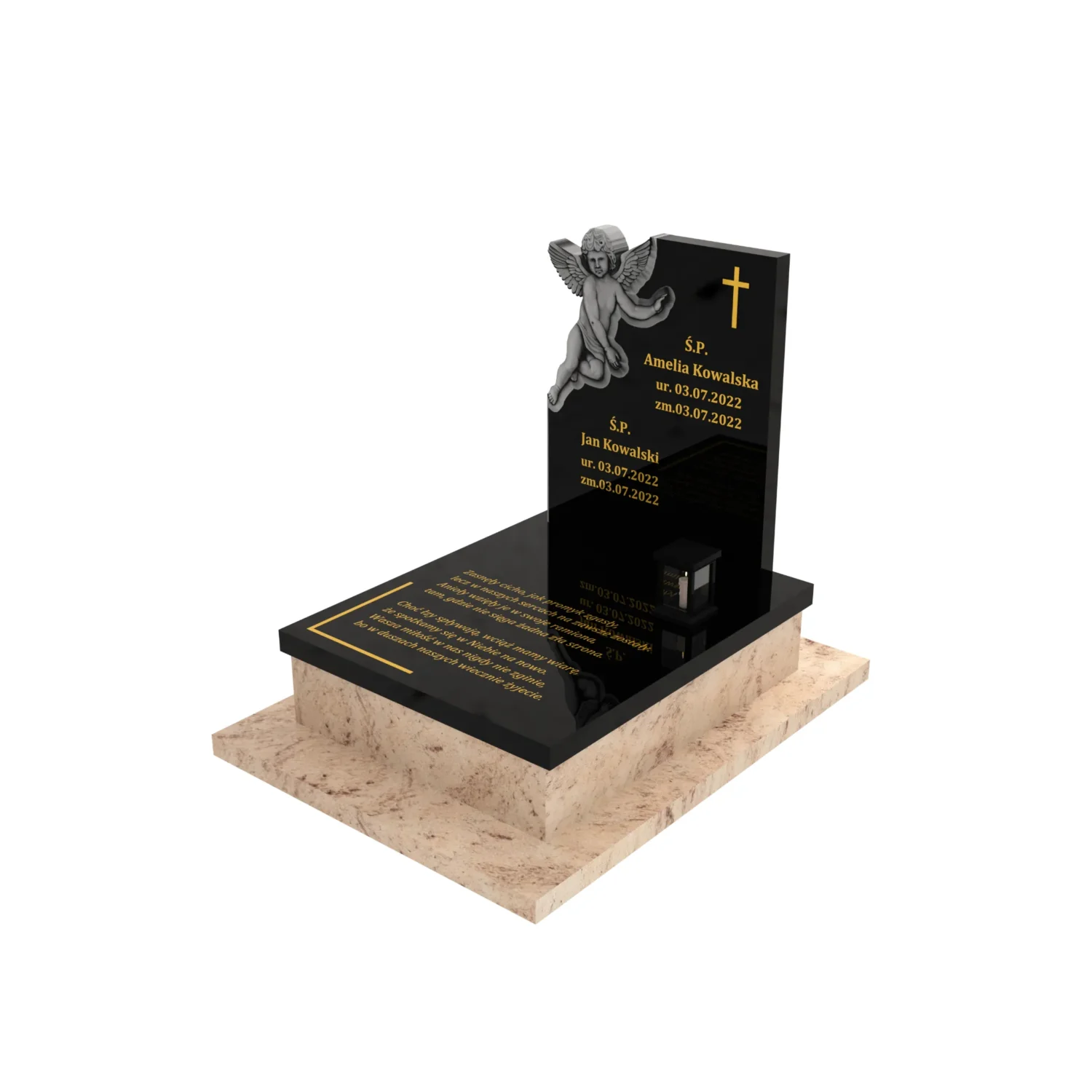Kindergrabstein mit Engelsfigur und Epitaph, gefertigt aus Granit D 40+360 – photo №1