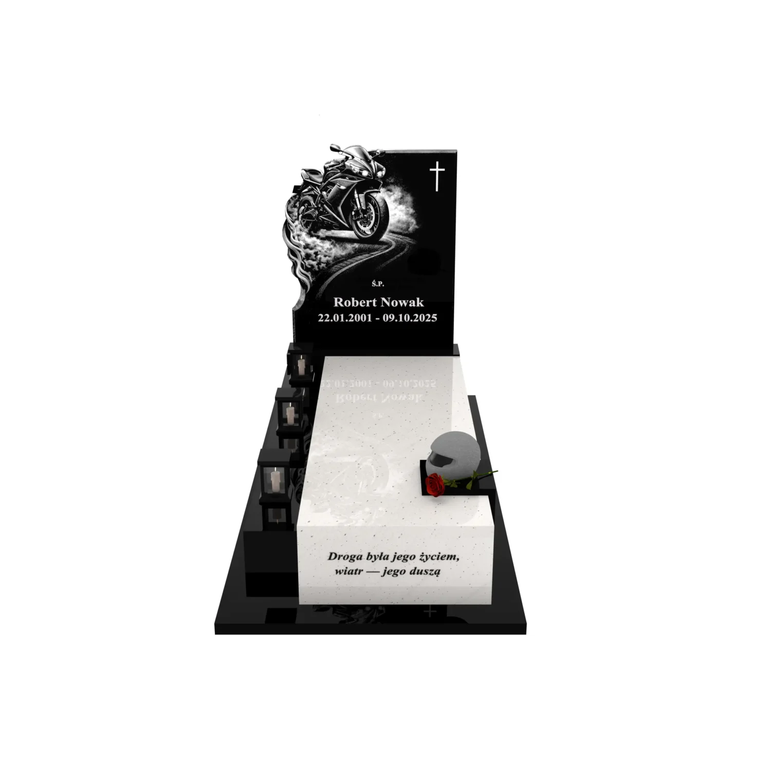 Einzelgrabstein mit Motorradgravur und Helmrelief K 131+360 – photo №12