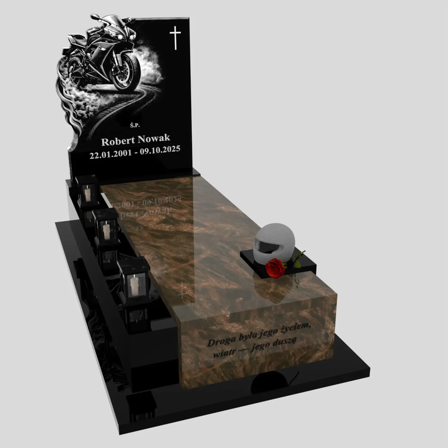 Einzelgrabstein mit Motorradgravur und Helmrelief K 131 Foto 85