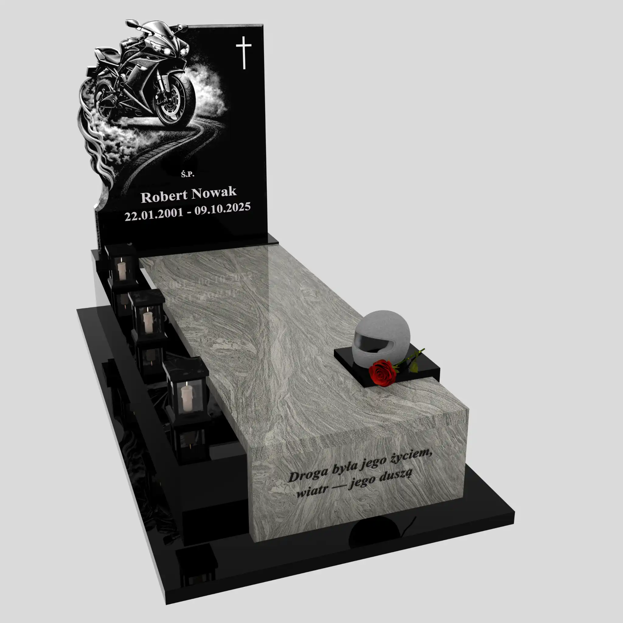 Einzelgrabstein mit Motorradgravur und Helmrelief K 131 Foto 79