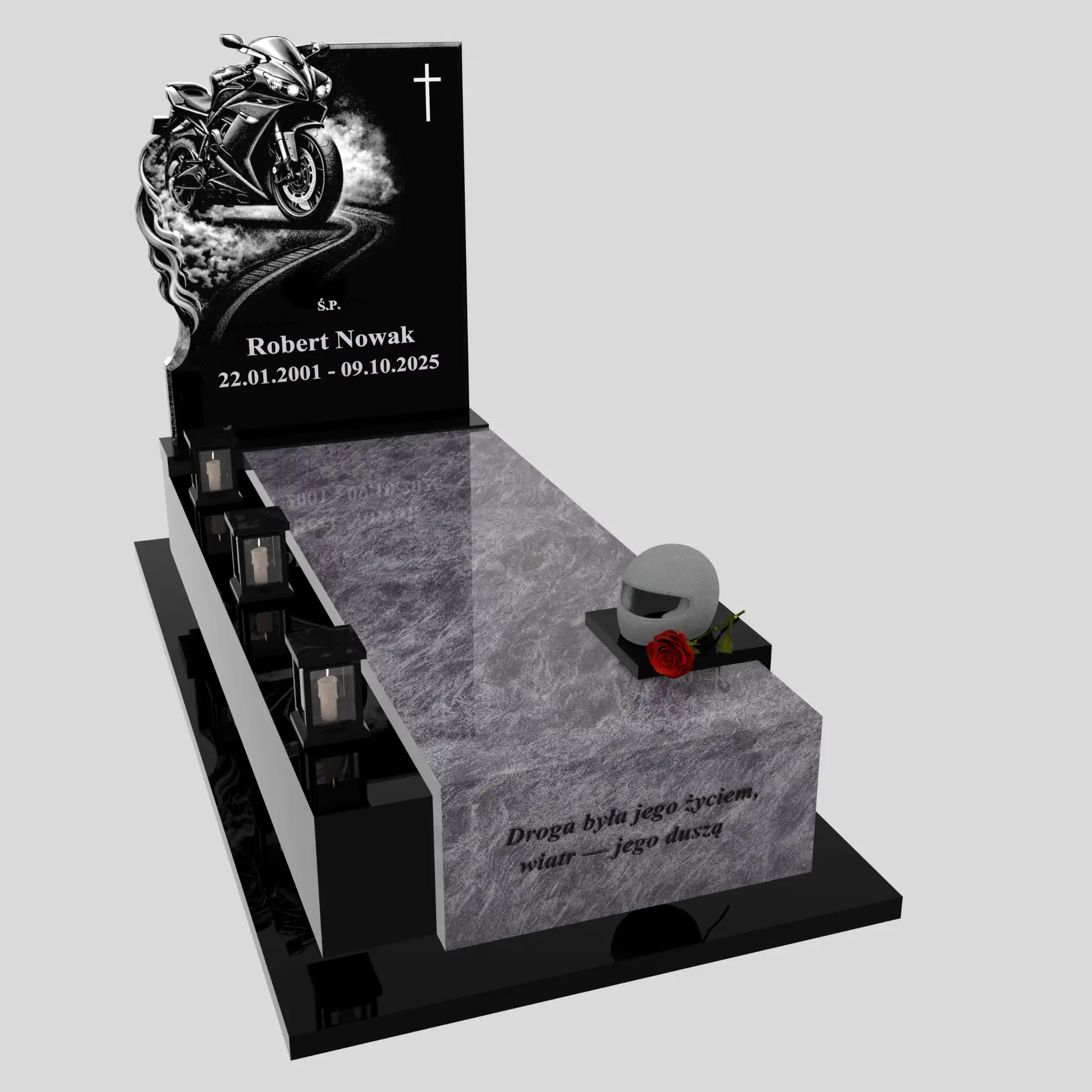 Einzelgrabstein mit Motorradgravur und Helmrelief K 131 Foto 75